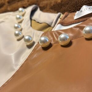 Society Tan Faux Leather Top with Pearl Details